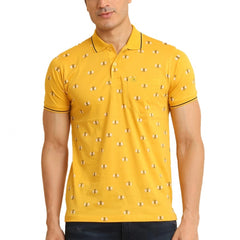 Mayawye Men's Casual Cotton Printed Polo Neck Half Sleeve T-Shirt (Mustard)