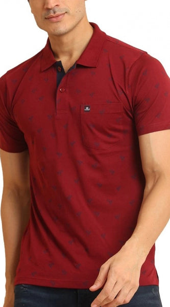 Mayawye Men's Casual Cotton Printed Polo Neck Half Sleeve T-Shirt (Red)
