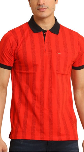 Mayawye Men's Casual Cotton Printed Polo Neck Half Sleeve T-Shirt (Red)