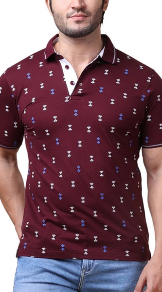 Mayawye Men's Casual Cotton Printed Polo Neck Half Sleeve T-Shirt (Plum)