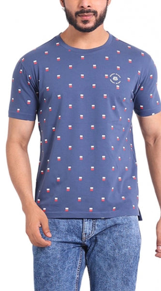 Mayawye Men's Casual Cotton Printed Round Neck Half Sleeve T-Shirt (Blue)