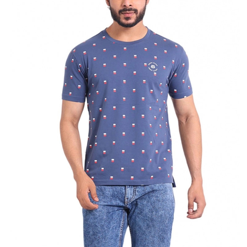 Mayawye Men's Casual Cotton Printed Round Neck Half Sleeve T-Shirt (Blue)