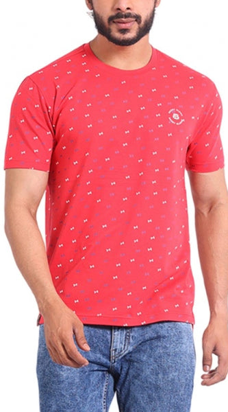 Mayawye Men's Casual Cotton Printed Round Neck Half Sleeve T-Shirt (Red)