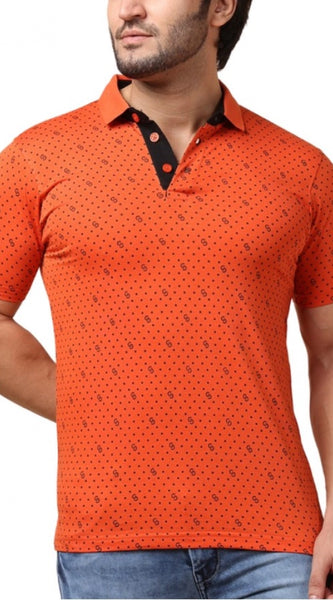 Mayawye Men's Casual Cotton Printed Polo Neck Half Sleeve T-Shirt (Rust)