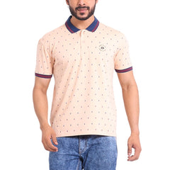 Mayawye Men's Casual Cotton Printed Polo Neck Half Sleeve T-Shirt (Peach)