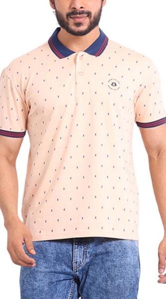 Mayawye Men's Casual Cotton Printed Polo Neck Half Sleeve T-Shirt (Peach)