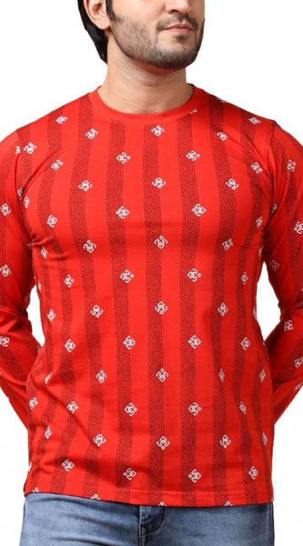 Mayawye Men's Casual Cotton Printed Round Neck Full Sleeve T-Shirt (Red)