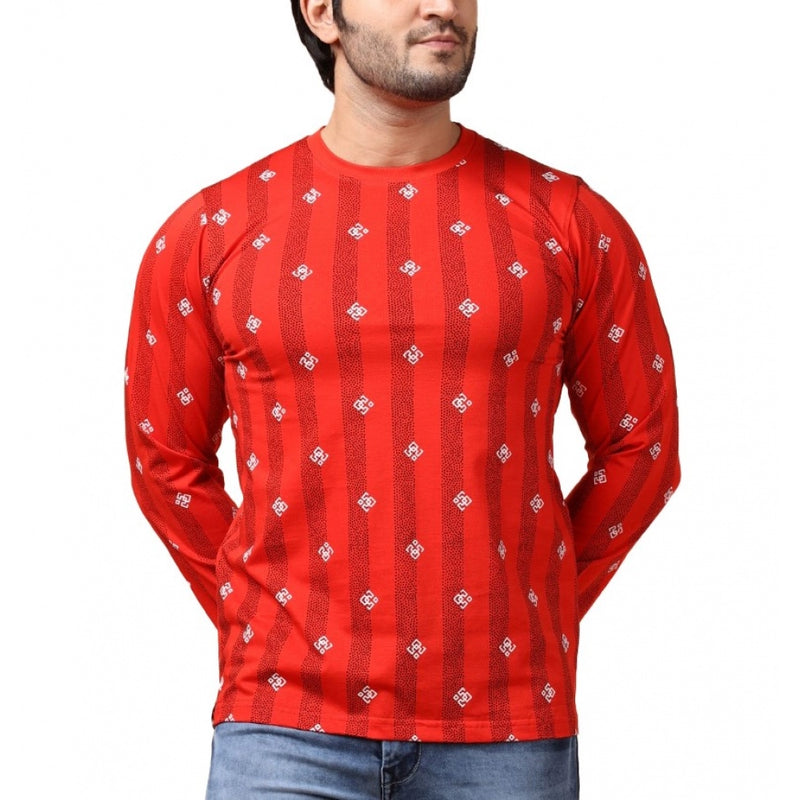 Mayawye Men's Casual Cotton Printed Round Neck Full Sleeve T-Shirt (Red)