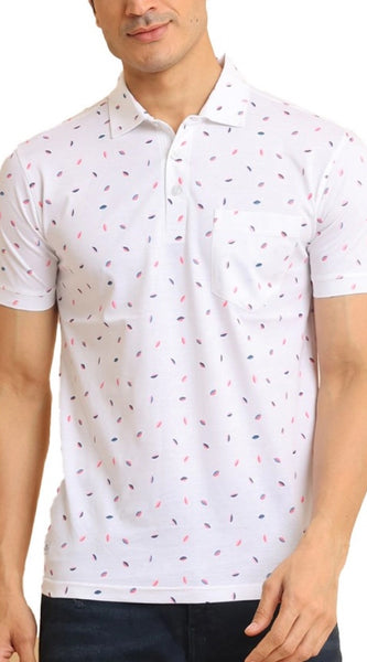 Mayawye Men's Casual Cotton Printed Polo Neck Half Sleeve T-Shirt (White)