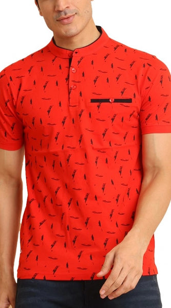 Mayawye Men's Casual Cotton Printed Mandarin Collar Half Sleeve T-Shirt (Red)