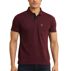 Mayawye Men's Casual Cotton Printed Polo Neck Half Sleeve T-Shirt (Wine)