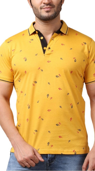 Mayawye Men's Casual Cotton Printed Polo Neck Half Sleeve T-Shirt (Mustard)