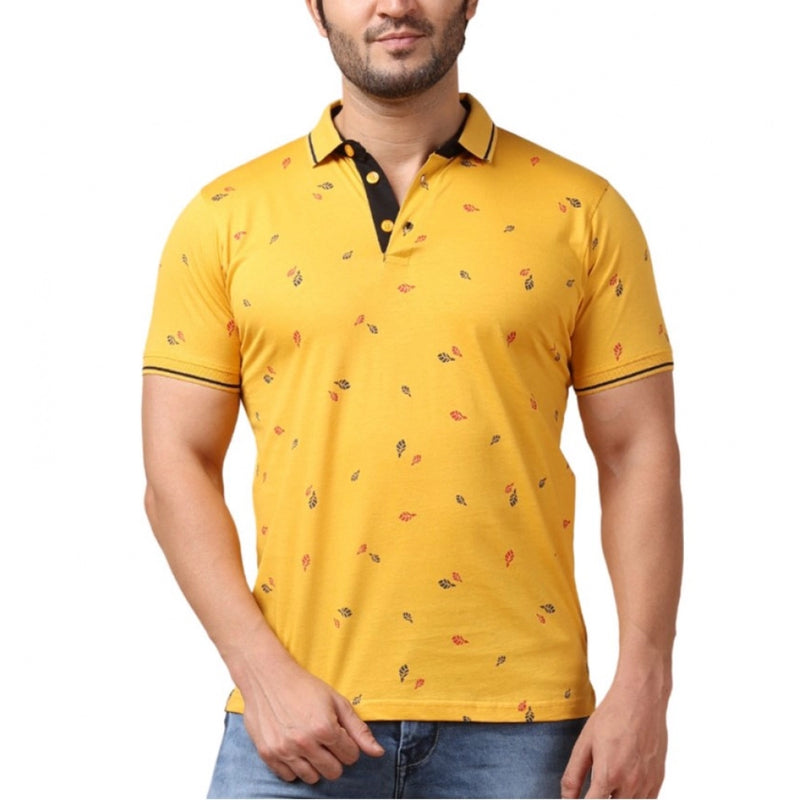 Mayawye Men's Casual Cotton Printed Polo Neck Half Sleeve T-Shirt (Mustard)