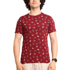Mayawye Men's Casual Cotton Printed Round Neck Half Sleeve T-Shirt (Maroon)