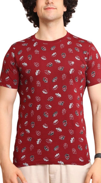 Mayawye Men's Casual Cotton Printed Round Neck Half Sleeve T-Shirt (Maroon)