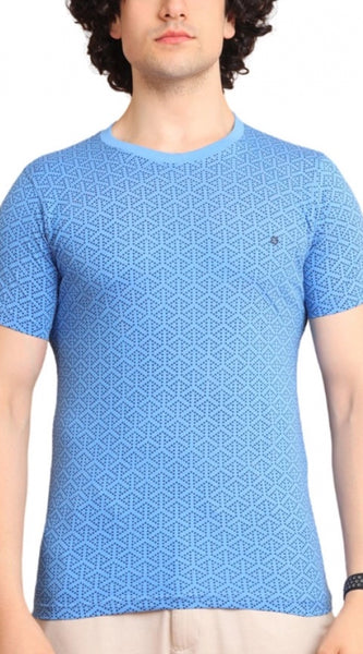 Mayawye Men's Casual Cotton Printed Round Neck Half Sleeve T-Shirt (LightBlue)