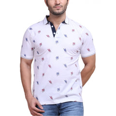 Mayawye Men's Casual Cotton Printed Polo Neck Half Sleeve T-Shirt (White)