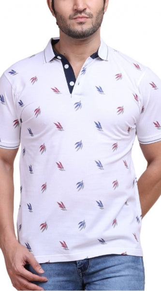 Mayawye Men's Casual Cotton Printed Polo Neck Half Sleeve T-Shirt (White)