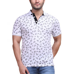 Mayawye Men's Casual Cotton Printed Polo Neck Half Sleeve T-Shirt (White)