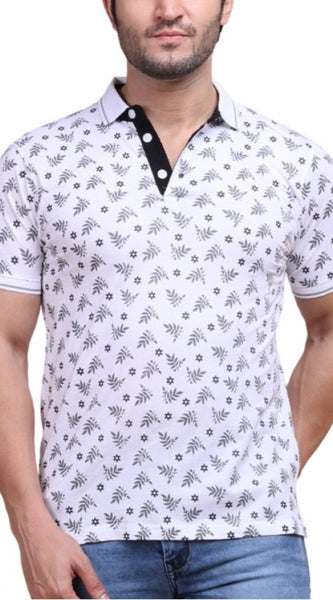 Mayawye Men's Casual Cotton Printed Polo Neck Half Sleeve T-Shirt (White)