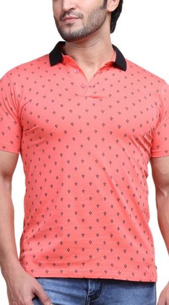 Mayawye Men's Casual Cotton Printed Polo Neck Half Sleeve T-Shirt (Red)