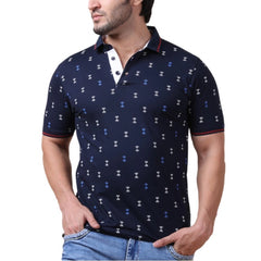 Mayawye Men's Casual Cotton Printed Polo Neck Half Sleeve T-Shirt (Navy)