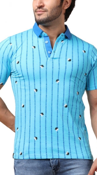 Mayawye Men's Casual Cotton Printed Polo Neck Half Sleeve T-Shirt (Skyblue)