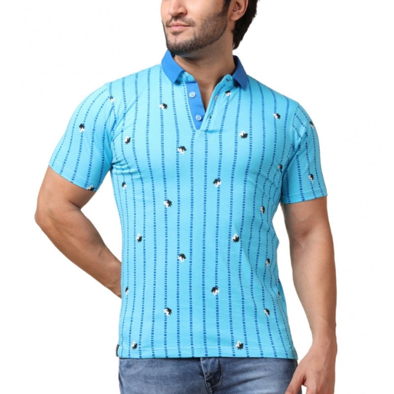 Mayawye Men's Casual Cotton Printed Polo Neck Half Sleeve T-Shirt (Skyblue)