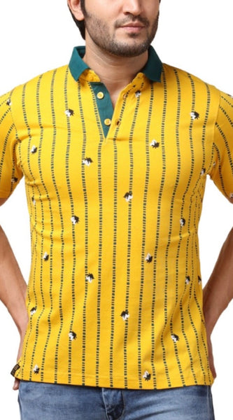 Mayawye Men's Casual Cotton Printed Polo Neck Half Sleeve T-Shirt (Yellow)