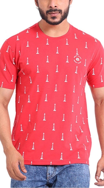 Mayawye Men's Casual Cotton Printed Round Neck Half Sleeve T-Shirt (Red)