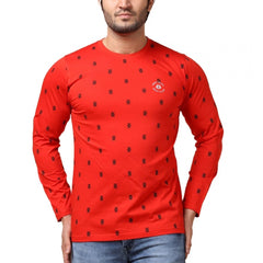 Mayawye Men's Casual Cotton Printed Round Neck Full Sleeve T-Shirt (Red)