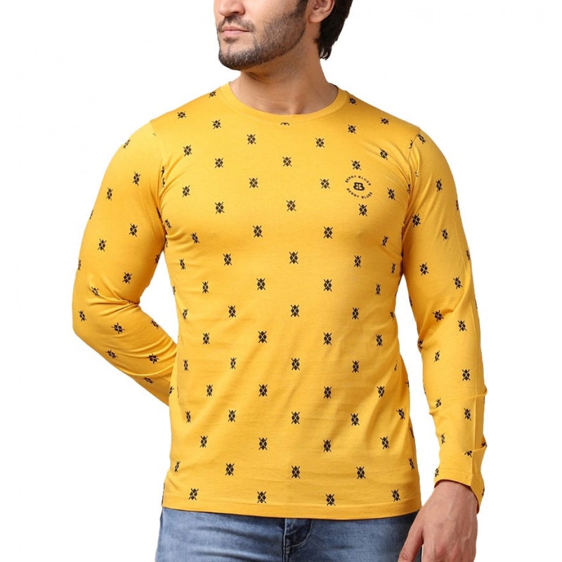 Mayawye Men's Casual Cotton Printed Round Neck Full Sleeve T-Shirt (Mustard)