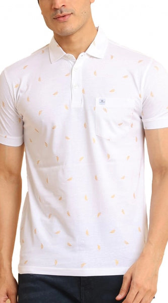 Mayawye Men's Casual Cotton Printed Polo Neck Half Sleeve T-Shirt (White)
