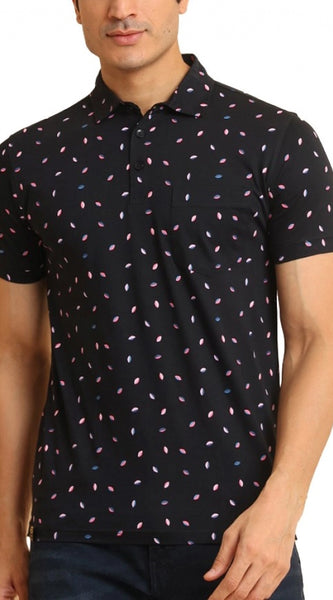 Mayawye Men's Casual Cotton Printed Polo Neck Half Sleeve T-Shirt (Black)