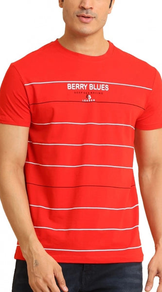 Mayawye Men's Casual Cotton Printed Round Neck Half Sleeve T-Shirt (Red)