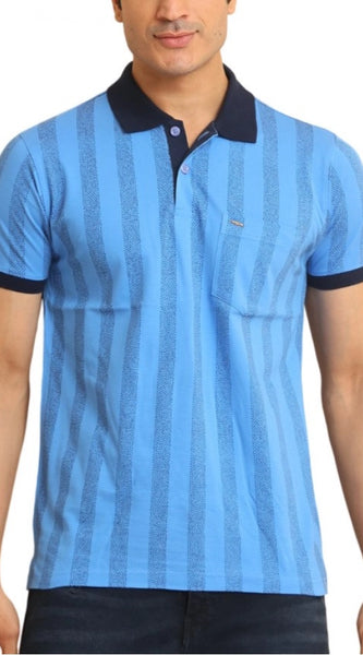 Mayawye Men's Casual Cotton Printed Polo Neck Half Sleeve T-Shirt (LightBlue)