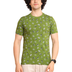 Mayawye Men's Casual Cotton Printed Round Neck Half Sleeve T-Shirt (Green)