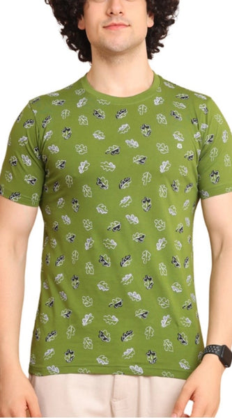 Mayawye Men's Casual Cotton Printed Round Neck Half Sleeve T-Shirt (Green)