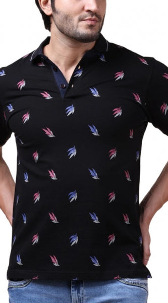 Mayawye Men's Casual Cotton Printed Polo Neck Half Sleeve T-Shirt (Black)