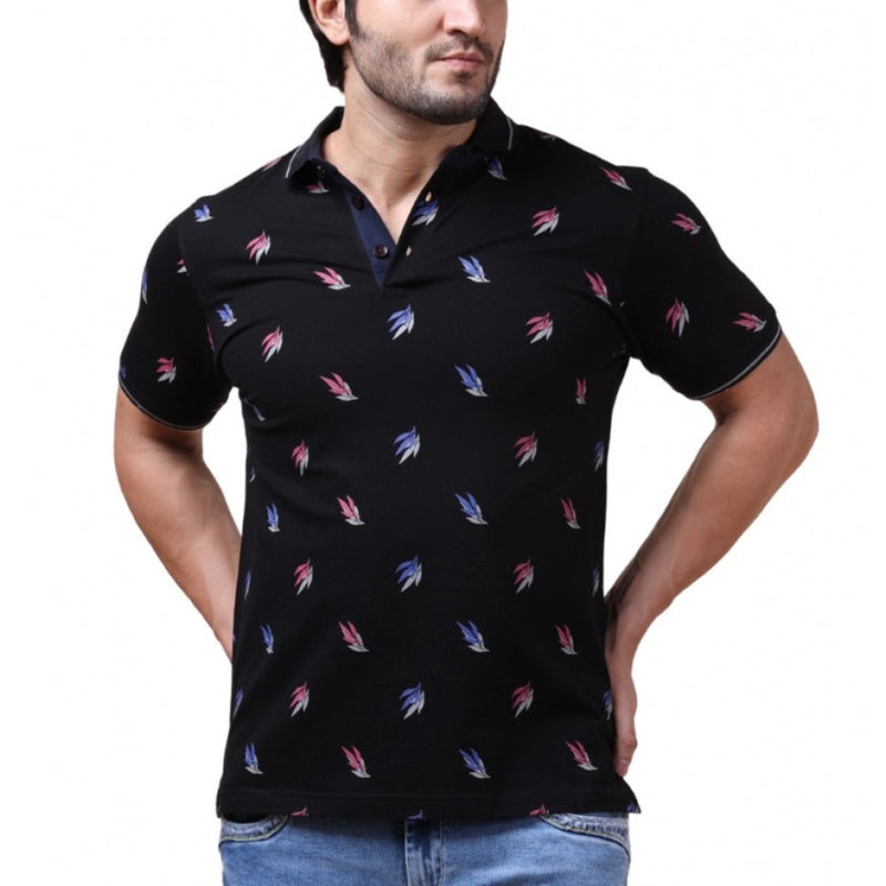 Mayawye Men's Casual Cotton Printed Polo Neck Half Sleeve T-Shirt (Black)