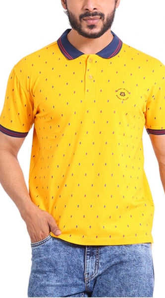 Mayawye Men's Casual Cotton Printed Polo Neck Half Sleeve T-Shirt (Turmeric)