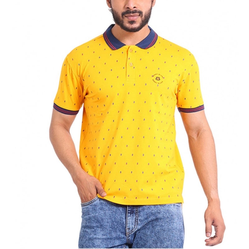 Mayawye Men's Casual Cotton Printed Polo Neck Half Sleeve T-Shirt (Turmeric)