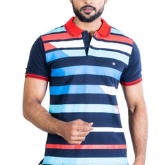 Mayawye Men's Casual Cotton Printed Polo Neck Half Sleeve T-Shirt (Navy)