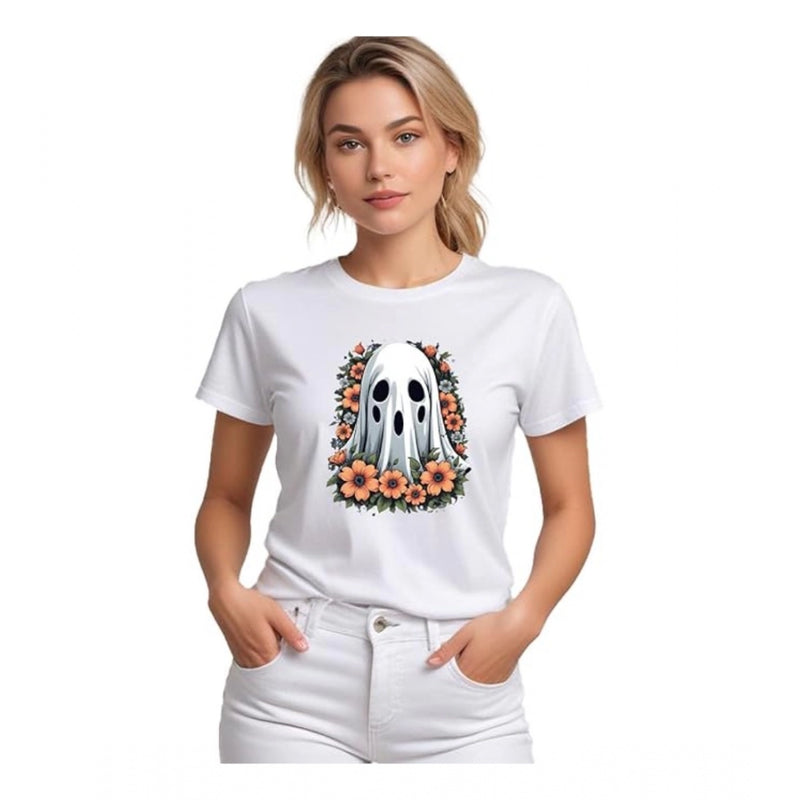 Mayawye Women's Polyester Solid Printed Round Neck Half Sleeve T-shirt (White)