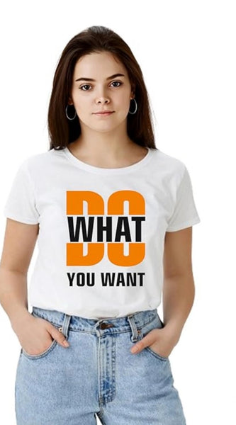 Mayawye Women's Polyester Solid Printed Round Neck Half Sleeve T-shirt (White)