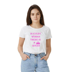 Mayawye Women's Polyester Solid Printed Round Neck Half Sleeve T-shirt (White)