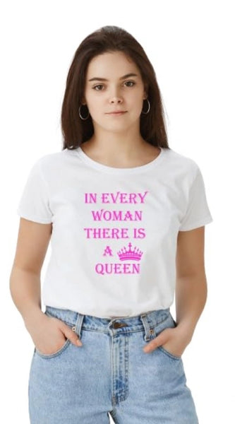 Mayawye Women's Polyester Solid Printed Round Neck Half Sleeve T-shirt (White)