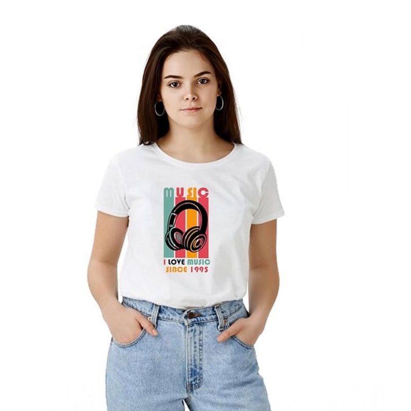 Mayawye Women's Polyester Solid Printed Round Neck Half Sleeve T-shirt (White)