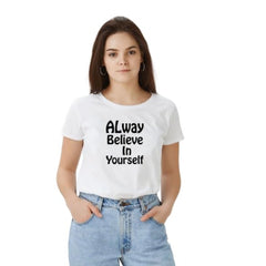 Mayawye Women's Polyester Solid Printed Round Neck Half Sleeve T-shirt (White)