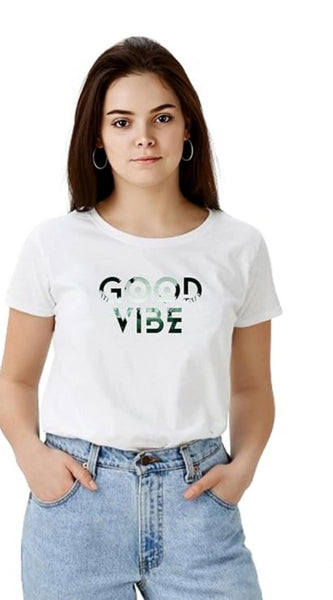 Mayawye Women's Polyester Solid Printed Round Neck Half Sleeve T-shirt (White)